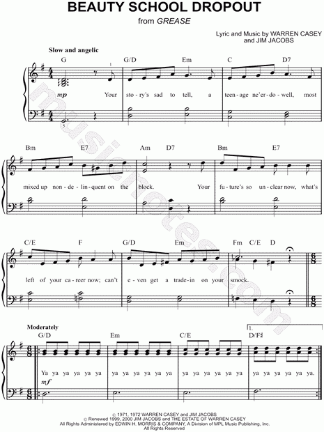  quot Beauty School Dropout quot From 39 Grease 39 Sheet Music Easy Piano In G 