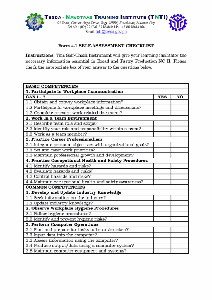 02 Self Assessment Checklist TESDA FORMS OF DATA GATHERING TESDA 