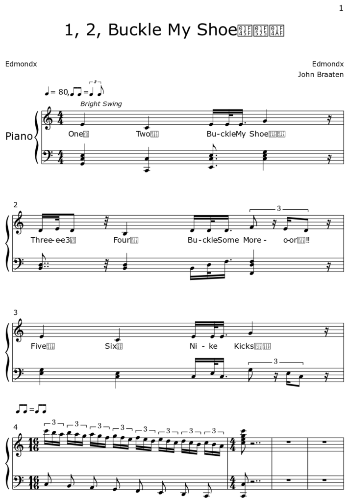 1 2 Buckle My Shoe Sheet Music For Piano