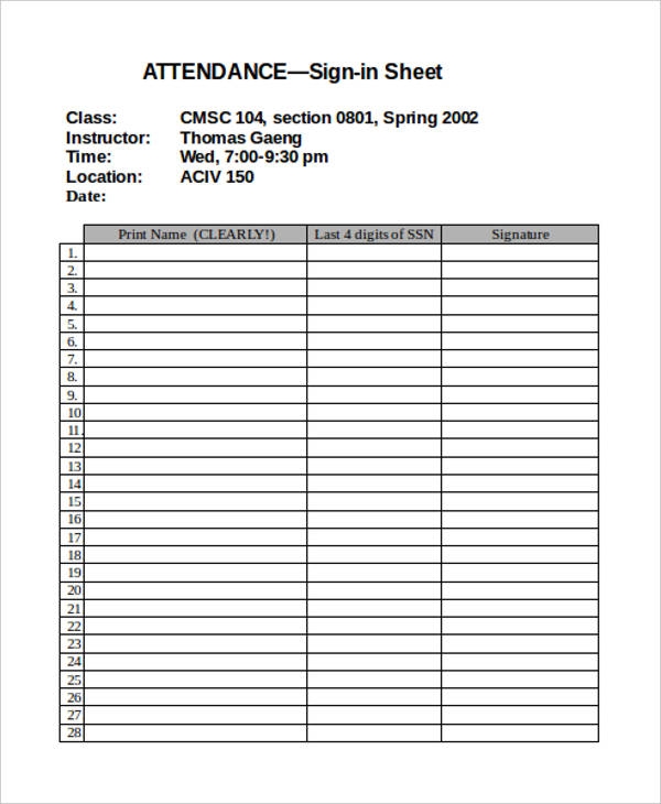 13 Attendance Sign In Sheet Templates Free Sample Example Format 