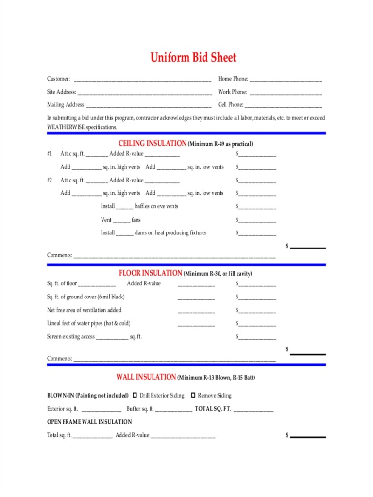 20 Bid Sheet Examples To Download