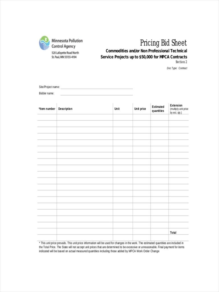 20 Bid Sheet Examples To Download