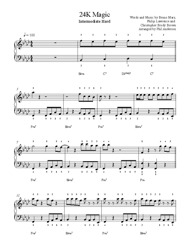 24K Magic By Bruno Mars Piano Sheet Music Intermediate Level