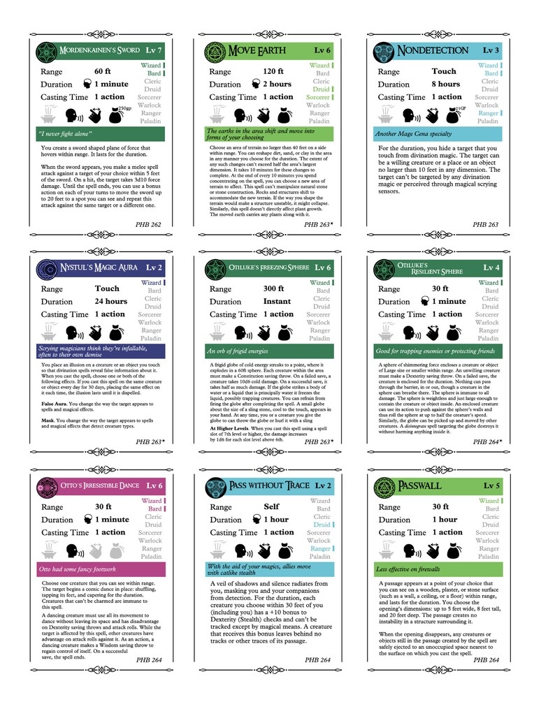 300 D D 5e Spell Cards 7 Blank School Cards Digital Download Color