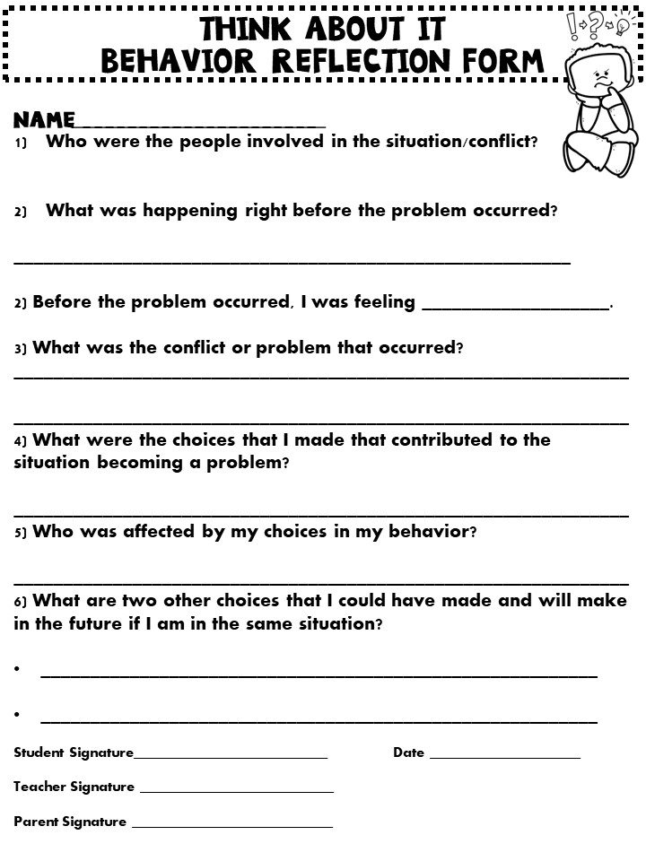 4 Behavior Reflection quot Think Sheets quot For Elementary Middle School 