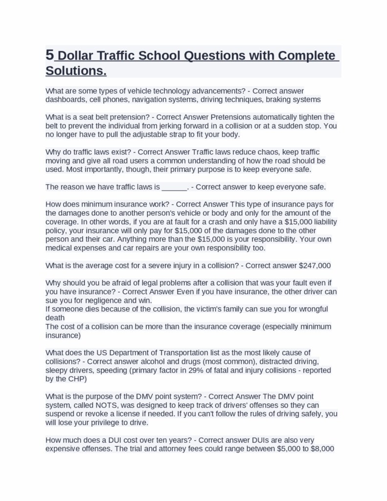 5 Dollar Traffic School Questions With Complete Solutions Exams 