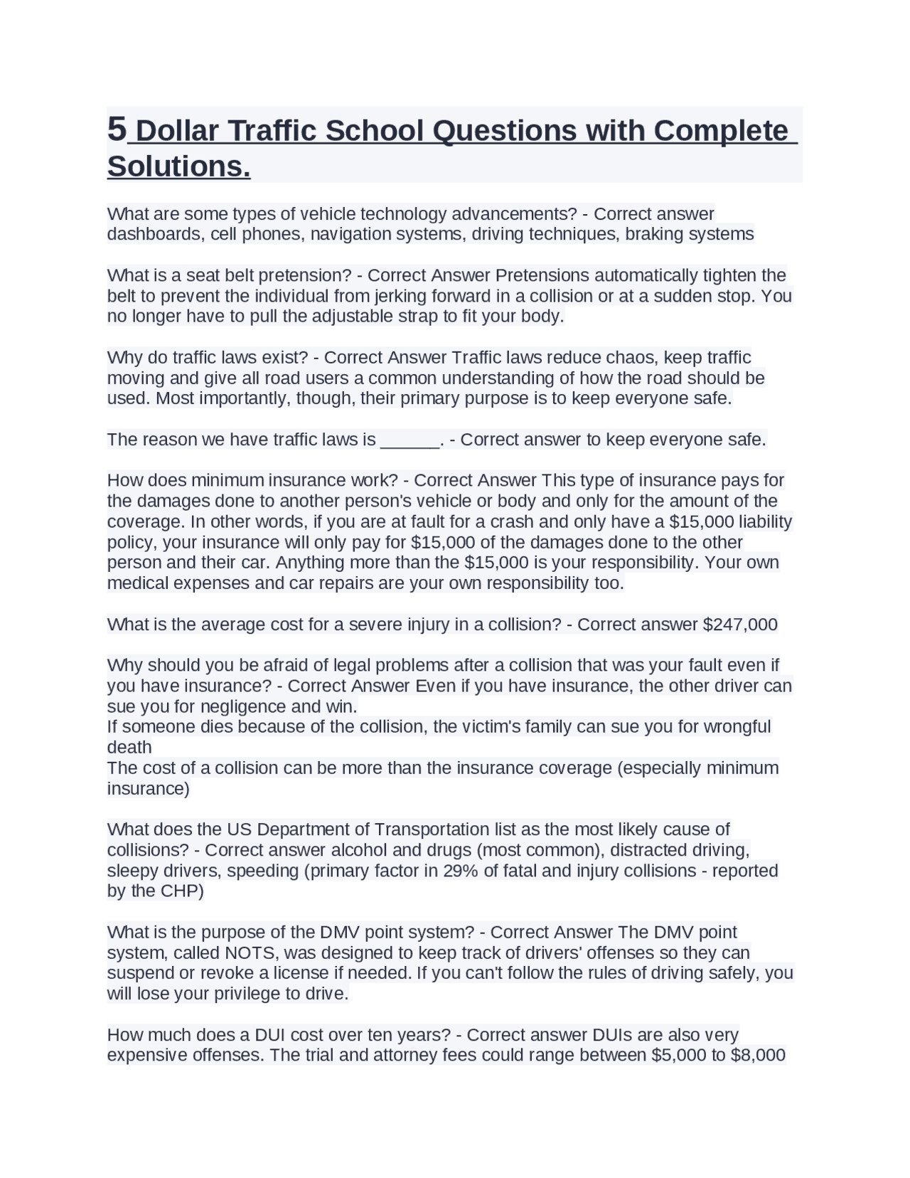 5 Dollar Traffic School Questions With Complete Solutions Exams