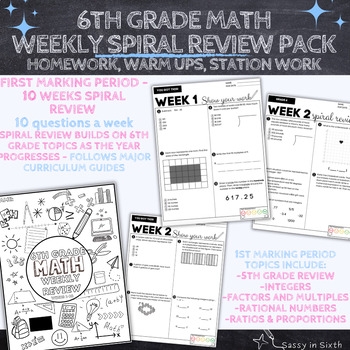 6th Grade Weekly Math Spiral Review Homework Warm Ups 1st MP Week 1 10 