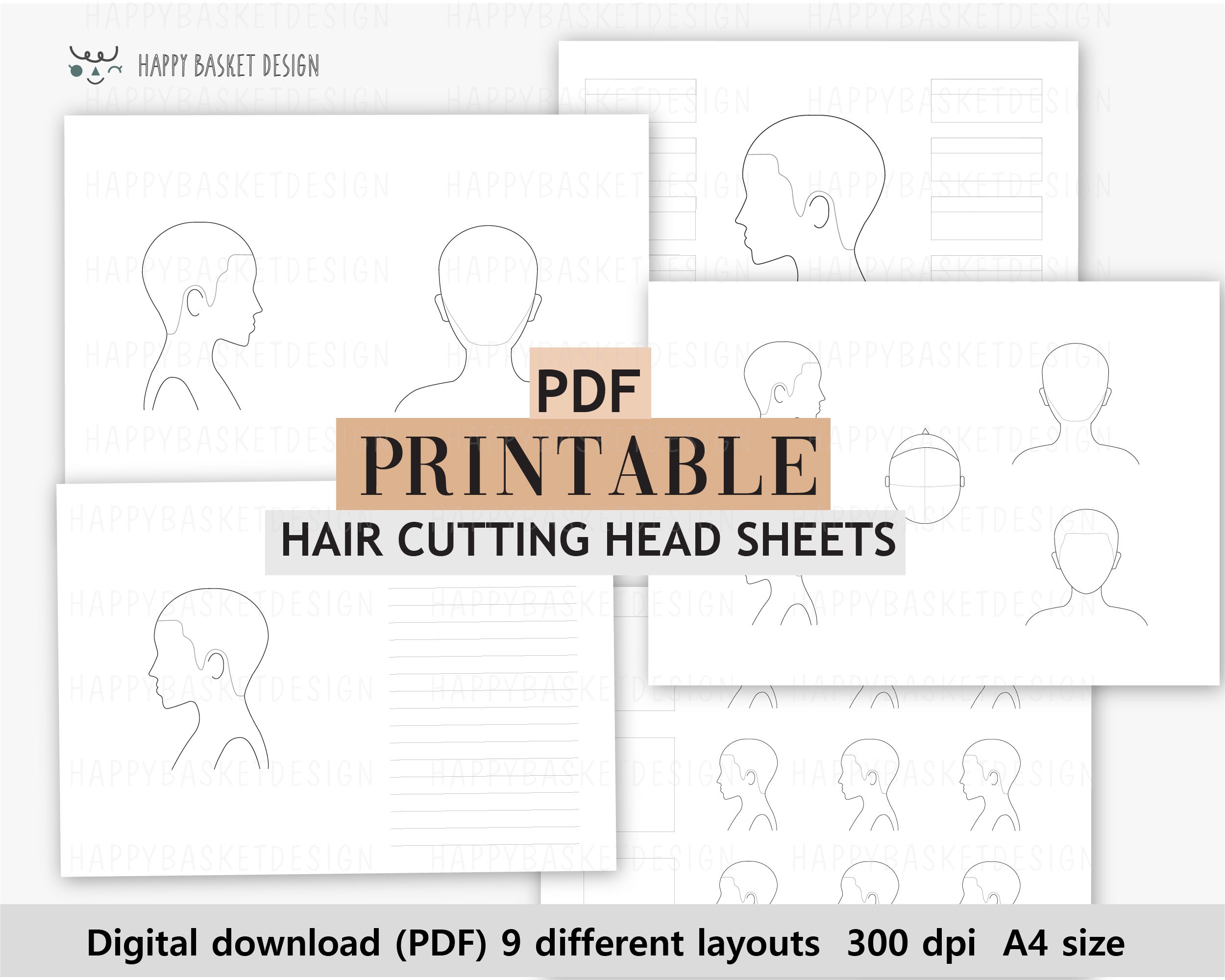 9 Layouts Blank Hair Cutting Head Sheets PDF Printable A4 Size For