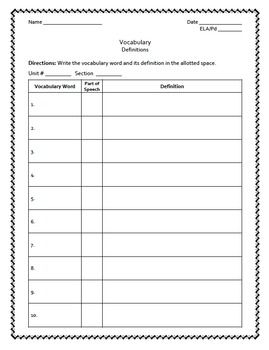 A Blank Vocabulary Definition Sheet Students Will Need To List Their 