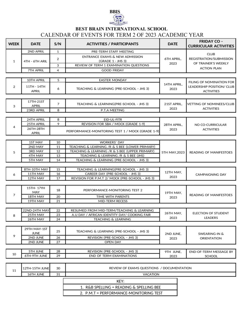 Academic Calendar Best Brain International School