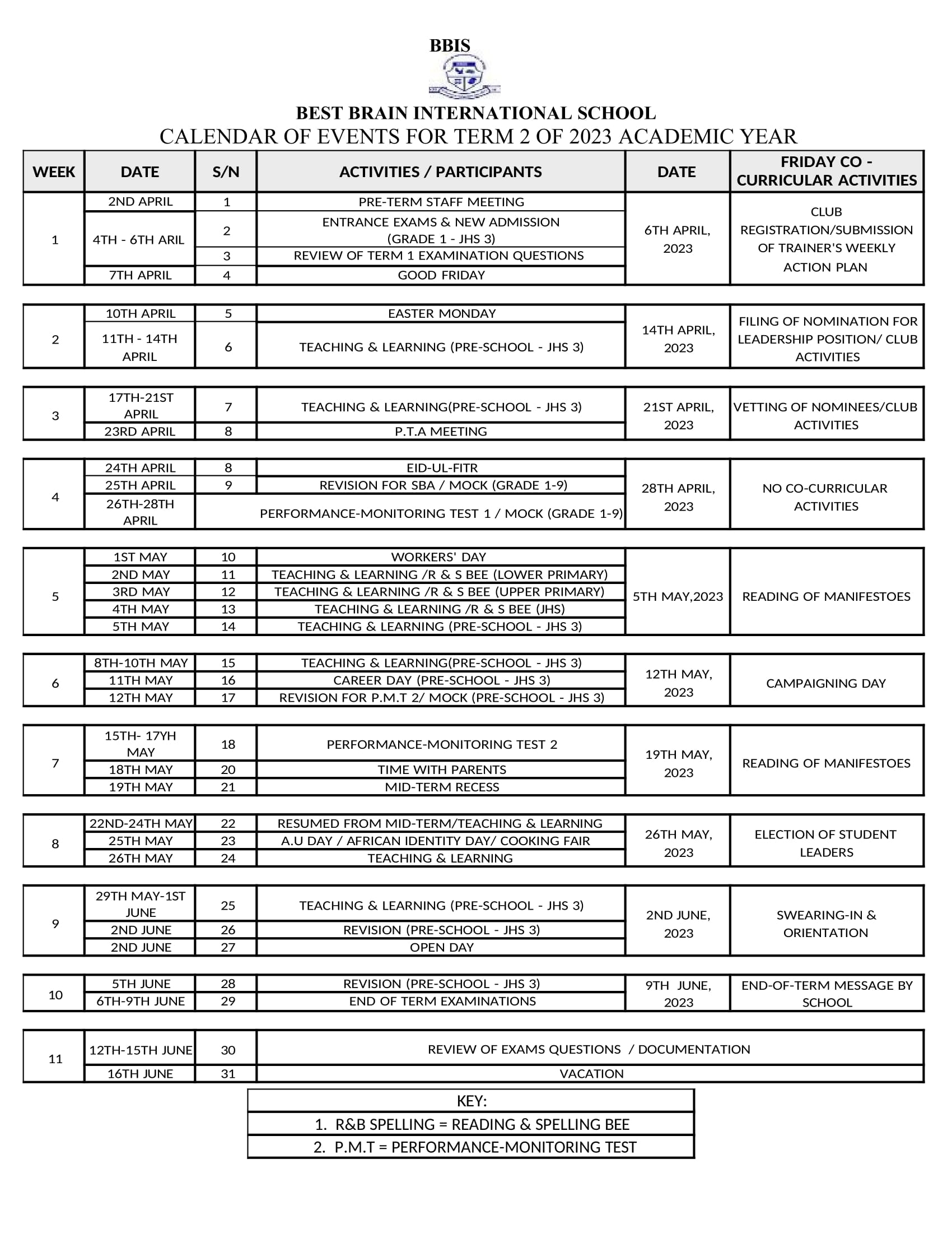 Academic Calendar Best Brain International School