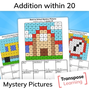 Addition Within 20 Back To School Mystery Pictures Math Color By Code