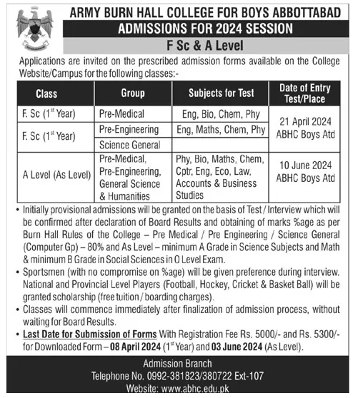 Admission Open In Army Burn Hall College For Boys Abbottabad 17th May 2024