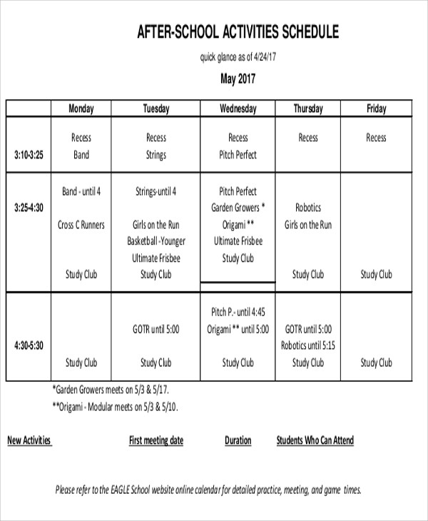 After School Schedule Templates 12 Free Samples Examples Format Download