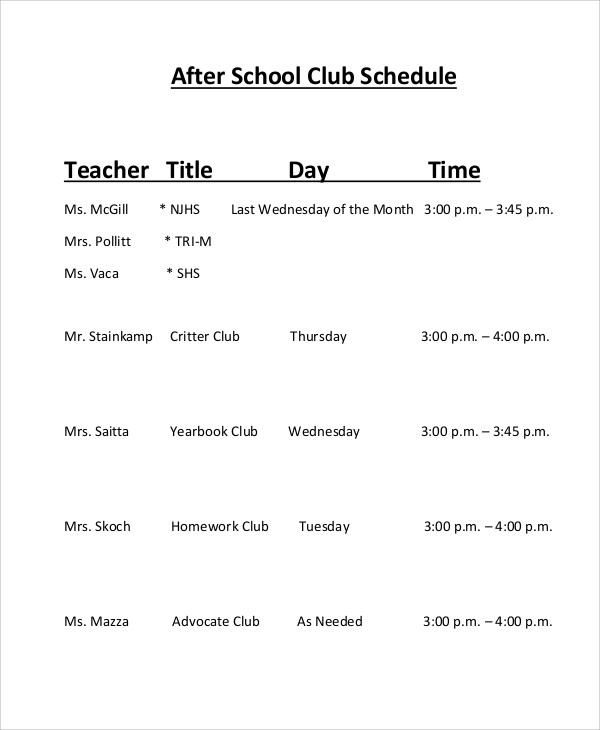 After School Schedule Templates 12 Free Samples Examples Format Download
