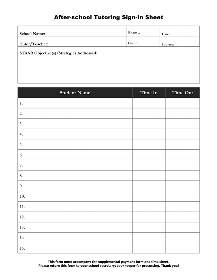 After school Tutoring Sign in Sheet In Word And Pdf Formats