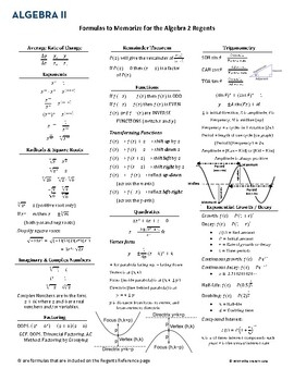 Algebra 2 Regents One Page quot Cheat Sheet quot By Mike Everett Lane TPT