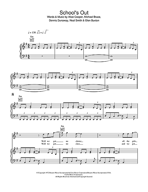 Alice Cooper quot School 39 s Out quot Sheet Music For Piano Vocal Guitar 