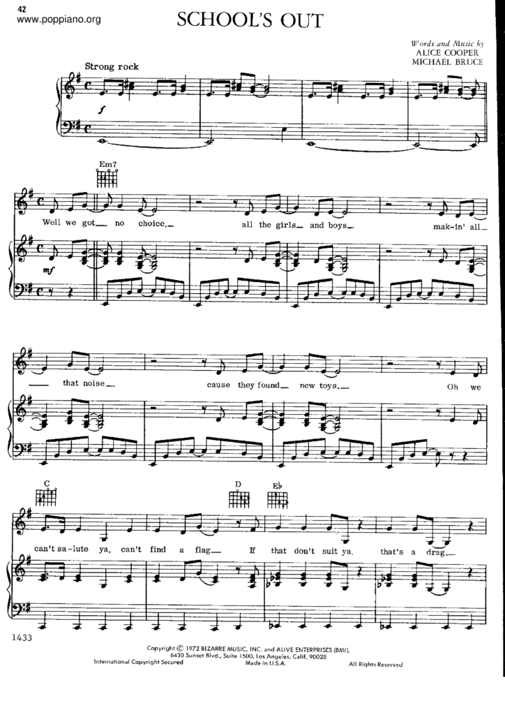 Alice Cooper School 39 s Out Sheet Music Pdf Free Score Download 