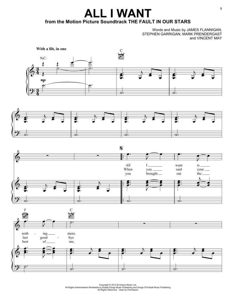 All I Want Piano Vocal Guitar Right Hand Melody Sheet Music