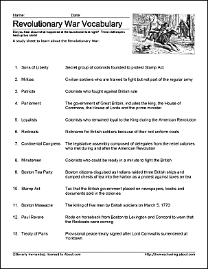 American Revolution Vocabulary Worksheet Answers