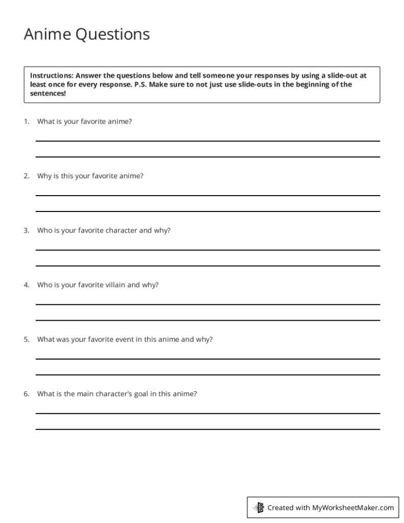 Anime Questions My Worksheet Maker Create Your Own Worksheets