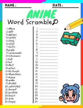 ANIME Word Scramble Puzzle Worksheets Activities By DIGITAL STORE OF PUZZLE