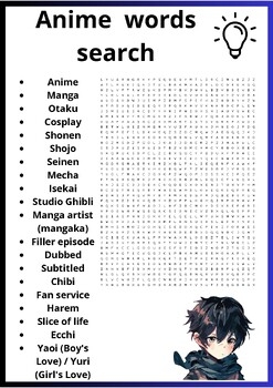 Anime Words Search Puzzles Worksheets Activity By Owl Puzzles TPT