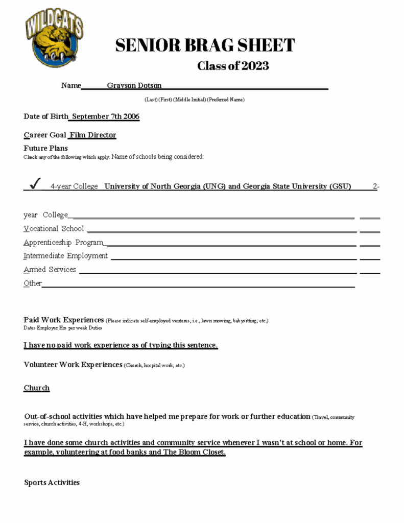 Annotated Grayson Dotson Lovejoy High School Senior Brag Sheet 2023 