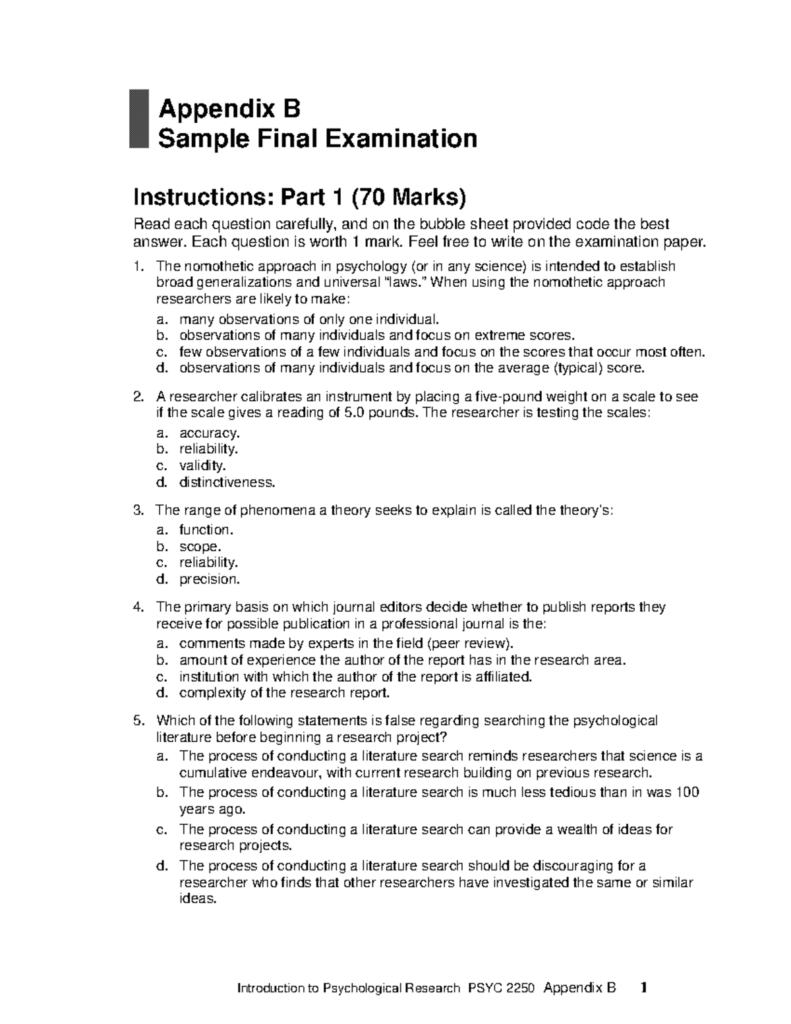Appendix B Sample Final Exam Introduction To Psychological Research 
