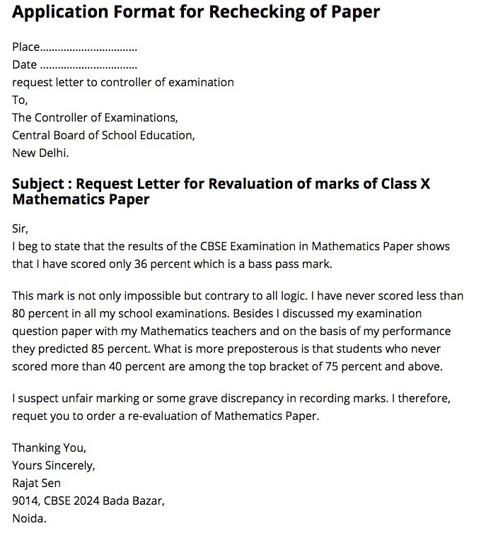 Application Form For Rechecking Of Paper