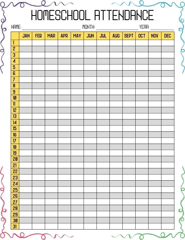 Attendance Sheet Printable Homeschool Printable Free Templates