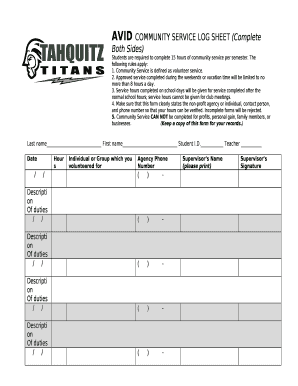 AVID COMMUNITY SERVICE LOG SHEET Complete Both Sides Doc Template 