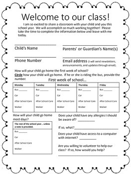 Back To School Forms Student Parent Information Sign In Sheet By Tonya 