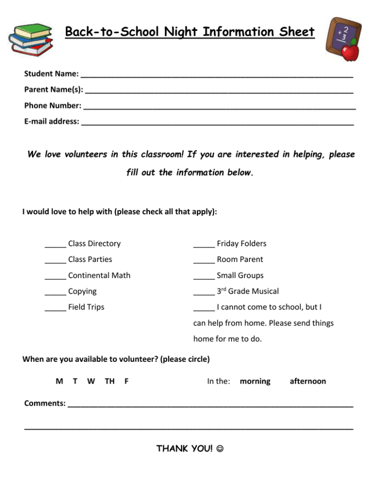 Back to School Night Information Sheet