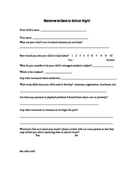 Back To School Night Parent Information Sheet By Ms Reedabook TpT