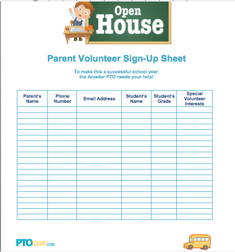 Back to School Open House Volunteer Sign up Sheet