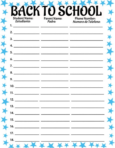 Back To School Sign In Sheet Template Williamson ga us