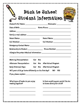 Back To School Student Information Sheet By Lots To Learn TPT