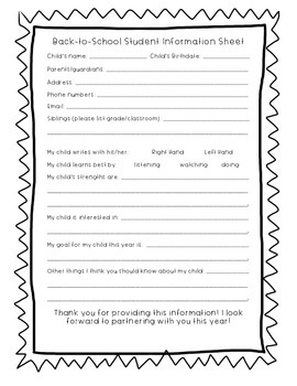 Back to School Student Information Sheet Freebie By Fantastical First Grade