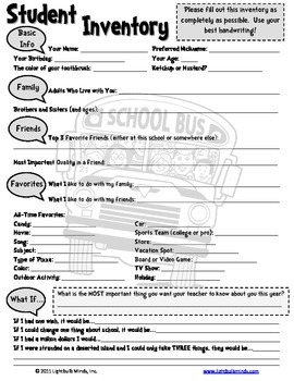 Back To School Student Inventory By Lightbulb Minds TpT