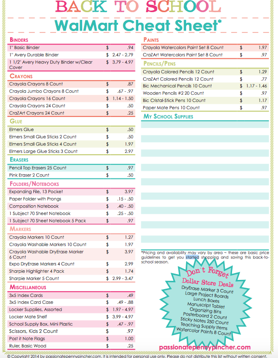 Back To School Walmart Prices Cheat Sheet