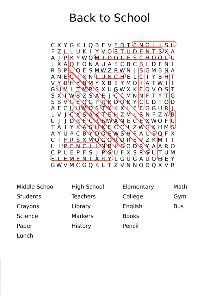 Back To School Word Search Answer Key The Bridge