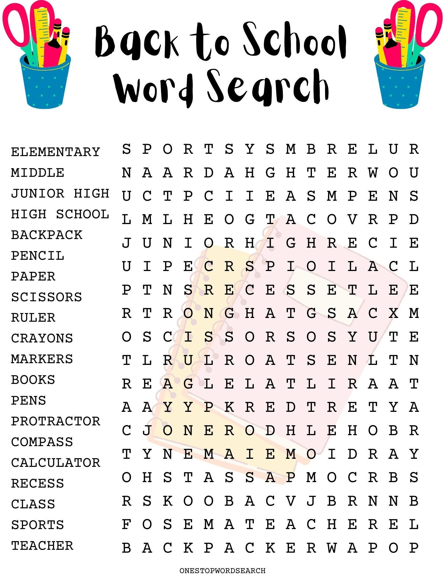 Back To School Word Search Puzzle With Answer Sheet Family Activities