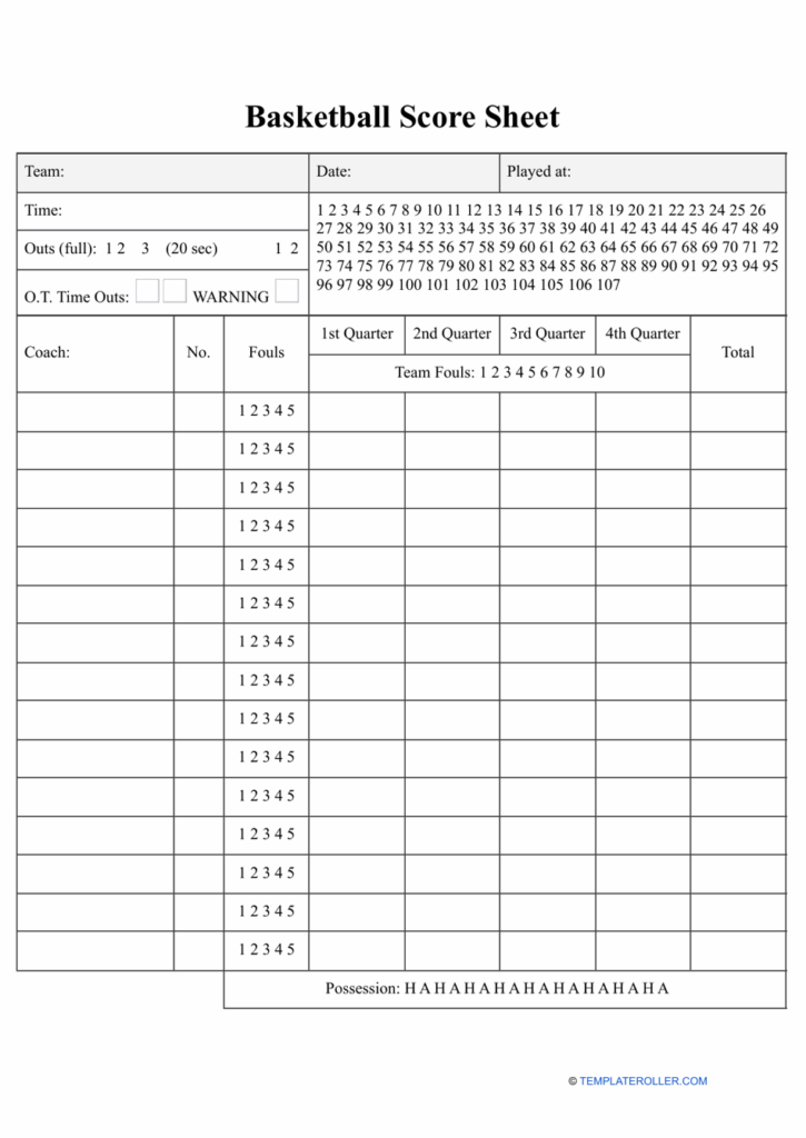 Basketball Score Sheet Template Download Printable PDF Templateroller