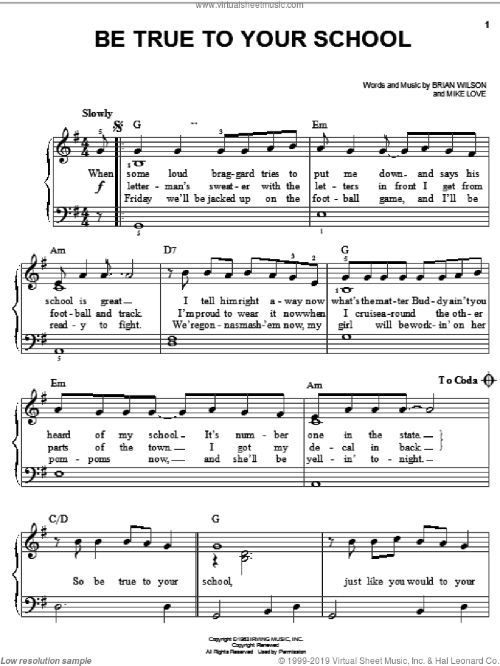 Be True To Your School Sheet Music For Piano Solo PDF