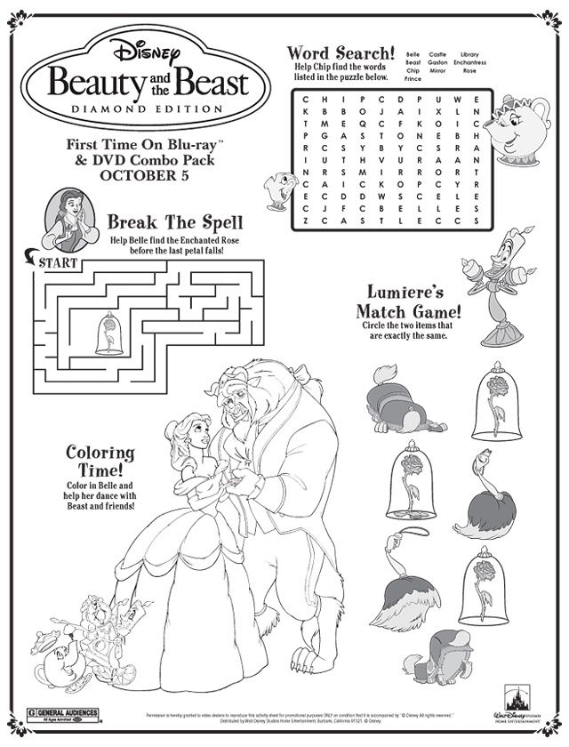 Beauty And The Beast Activity Sheets 1 Disney Activities Beauty And 