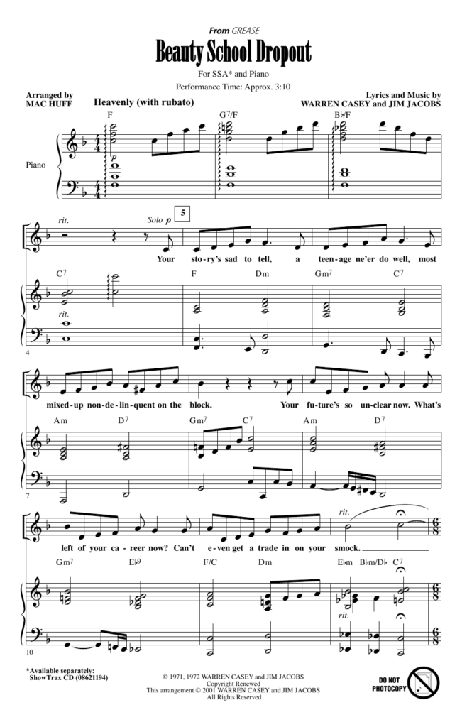 Beauty School Dropout from Grease arr Mac Huff By Warren Casey 