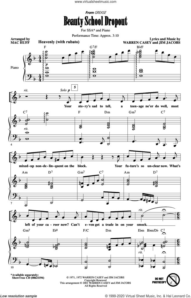 Beauty School Dropout from Grease arr Mac Huff Sheet Music For 